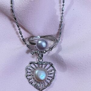 Elegant Sterling Silver Pink South Sea Pearl Necklace and Ring Set